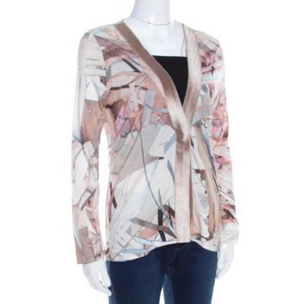 Escada Feather Brown Abstract Print Knit Open  Cardigan - M - Picture 2 of 9